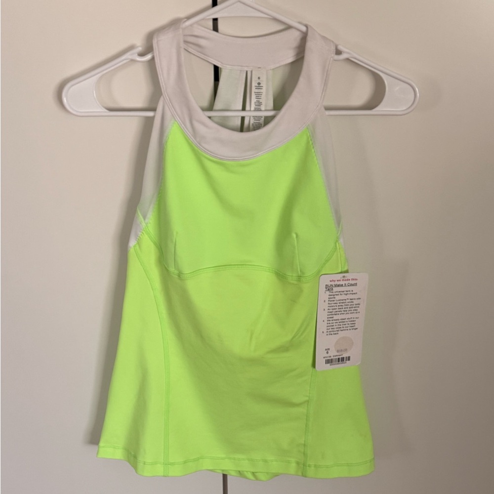 NWT: Lululemon Run: Make It Count Tank / Neon Green + White / Size 6
